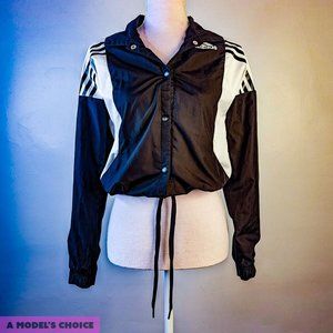 ADIDAS BLACK + WHITE STRIPED CROP TOP JACKET - WOMENS EXTRA SMALL